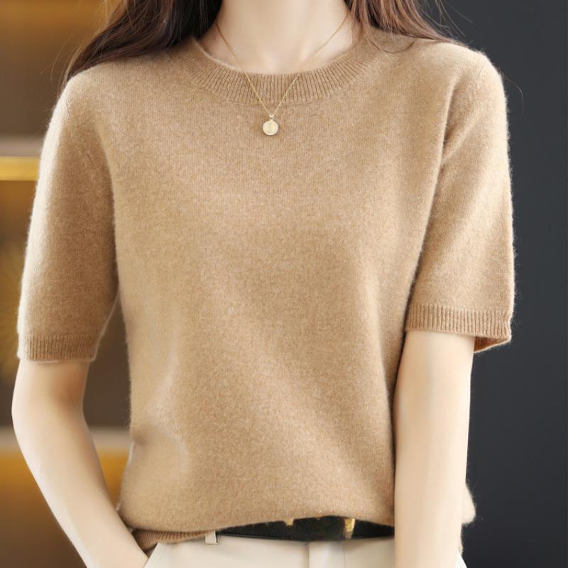 Women's Spring and Summer Short-sleeved Women O-neck Slim Pullover Vest T-shirt Knitted Base Sweater