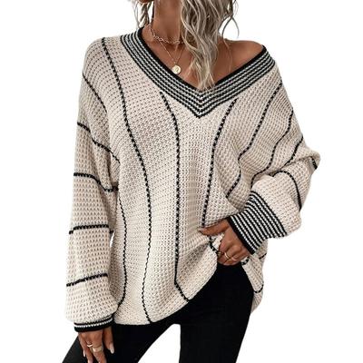 Sweater Women's Vertical Pattern Casual Loose Top V-neck Knitted Pullover