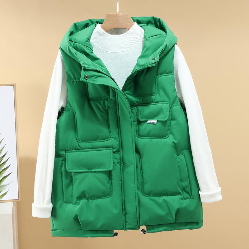 Women Hooded Puffer Vest Sleeveless Down Waistcoat Multi Pocket Quilted Gilet Autumn Winter Warm Loose Sleeveless Jacket Casual