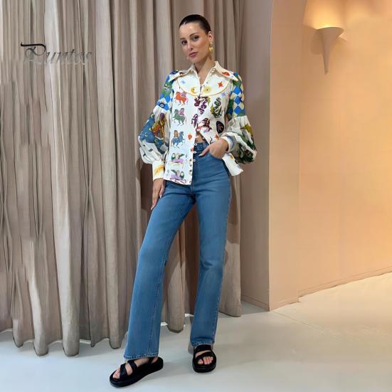 

Женская рубашка, индивидуальный красочный лацкан с граффити, однобортный рукав-фонарь, свободный кардиган средней длины, мягкая повседневная спортивная одежда, женская весенне-осенняя блузка