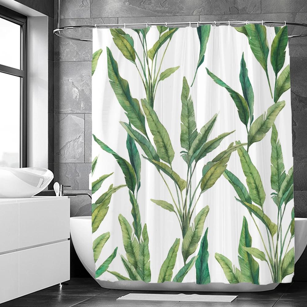 Green Plant Leaves Print Shower Curtains Watercolor Boho Floral Waterproof Morden Bathroom Bathtub Curtain Room Decor With Hooks