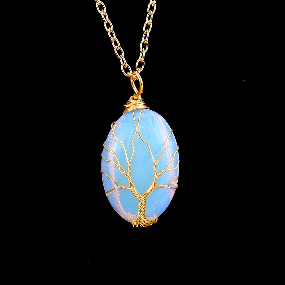 Silk Natural Crystal Rough Stone Egg-Shaped Gold Winding Tree Of Life Pendant Necklace N644