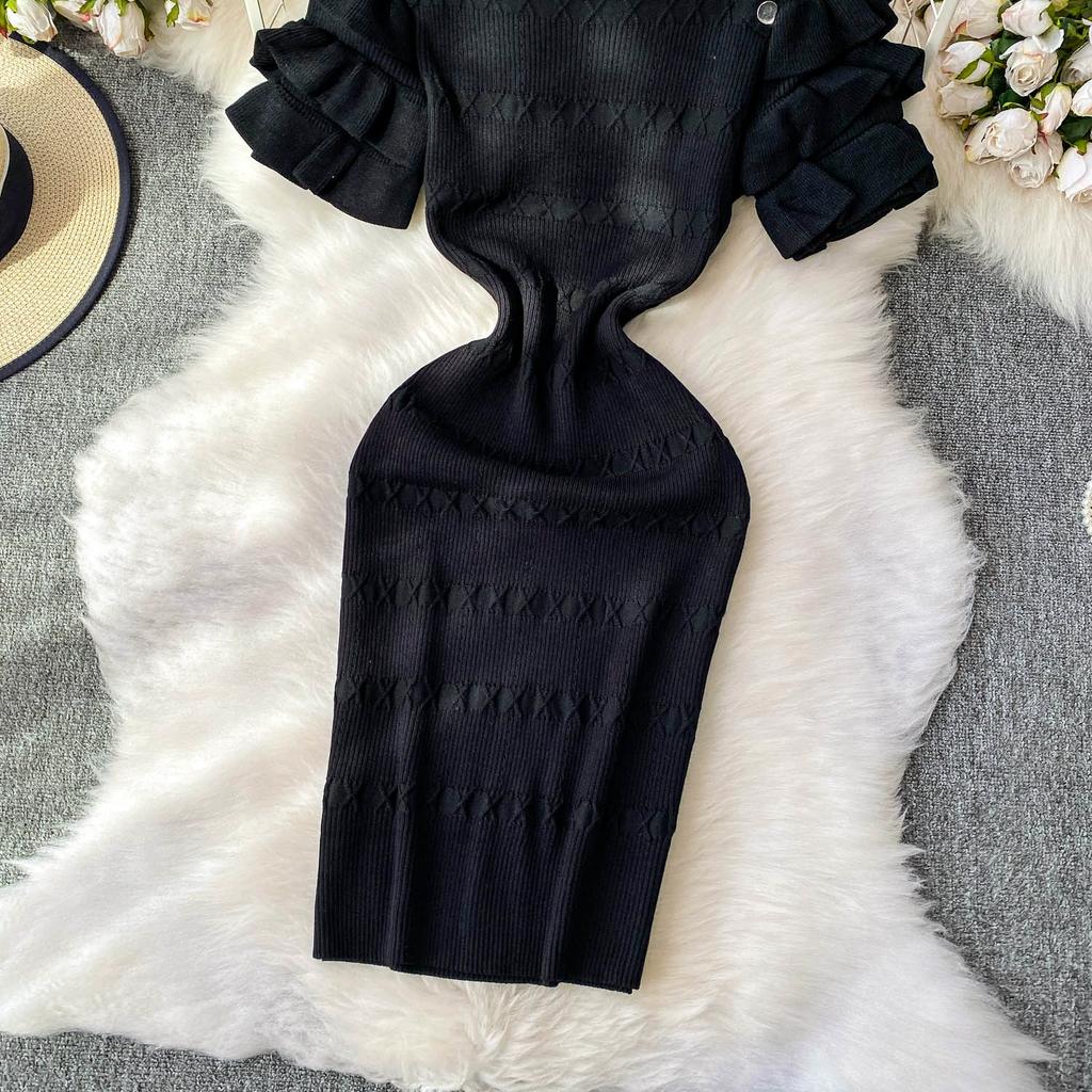 Summer Women Elegant Ruffle Metal Button Office Work Knitted Sheath Sweater Mini Dresses