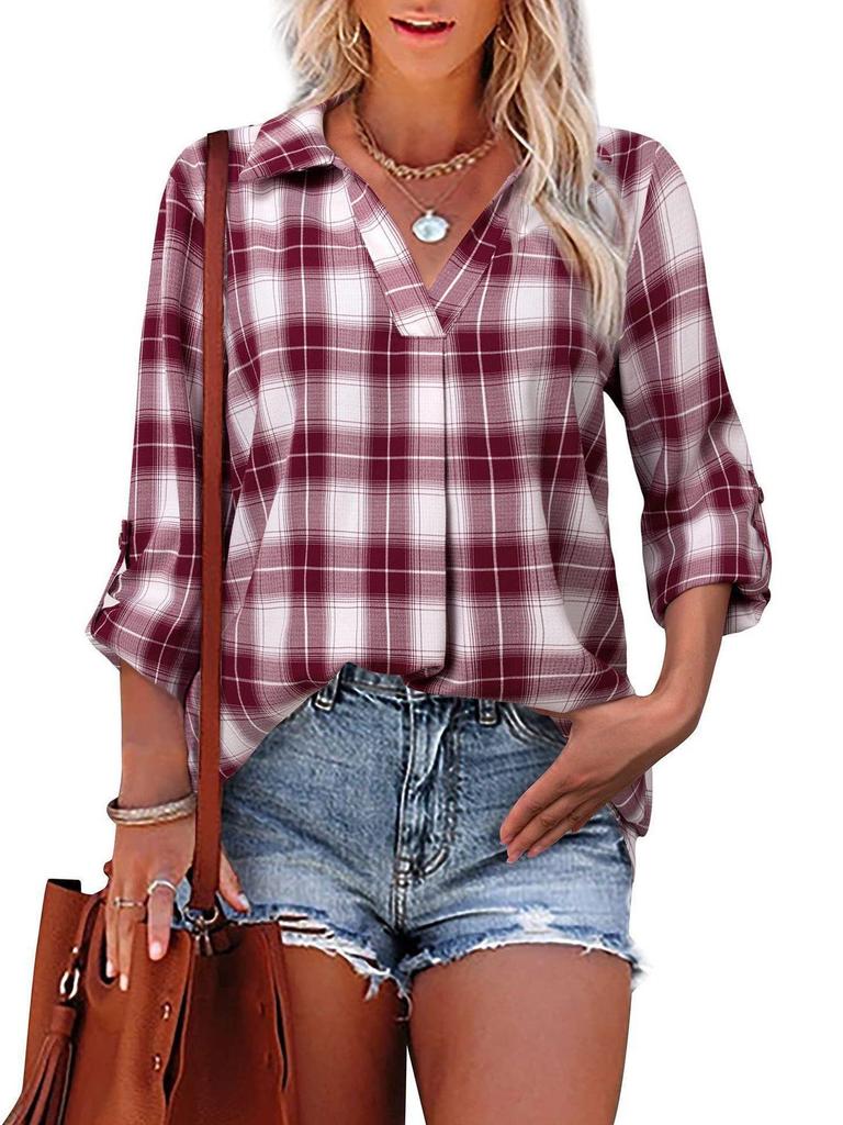 2025 V-Neck Long-Sleeve Plaid Lapel Loose-Fit Women's Pullover
