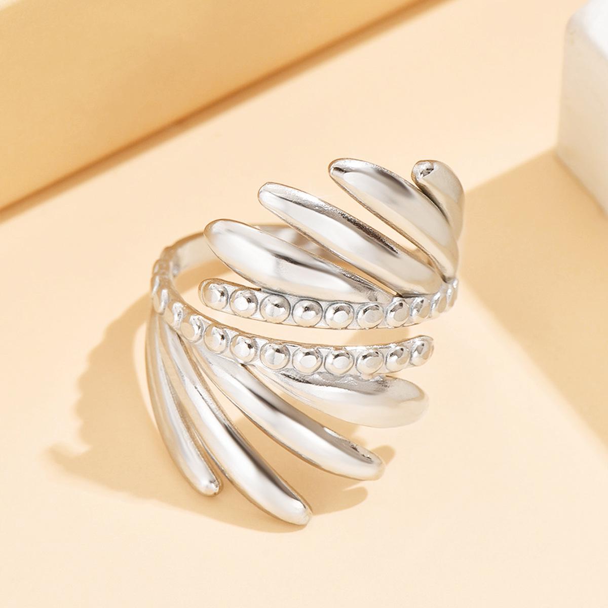 Stainless Steel Retro Wing & Leaf Adjustable Open Ring