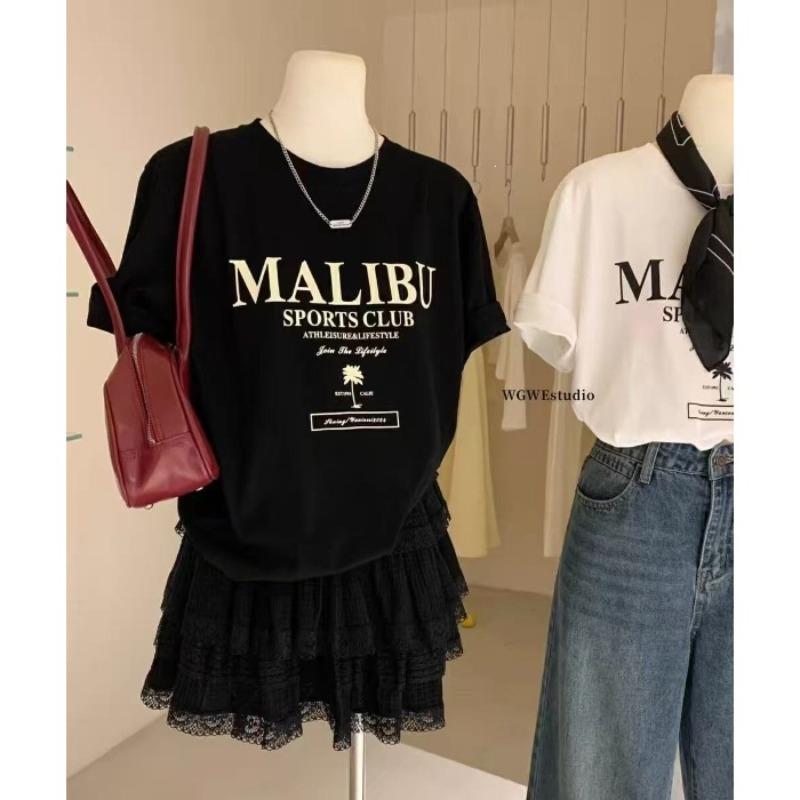 

Retro Short-sleeved T-shirt for Women, Casual and Loose-fitting, Laid-back Letter Patterned Short-sleeved Top 2XL чорний