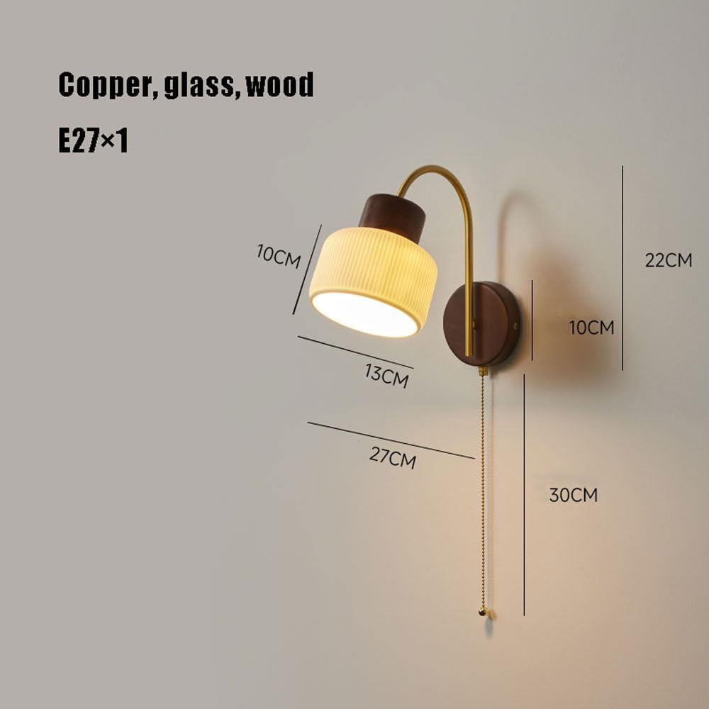 Mid-Century Modern Gold-Finish Wall Sconce with Pull-Chain Switch. Bedroom bedside sconce in creamy white glass and solid wood. Retro wall lamp
