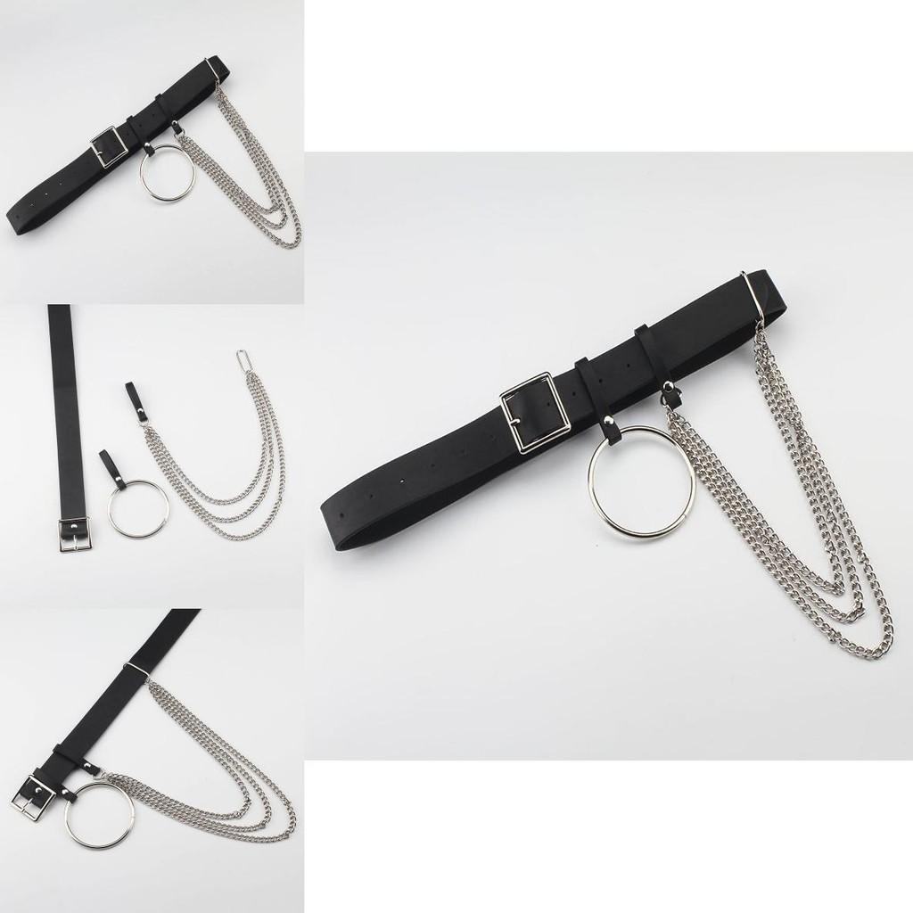 Fashionable Black Waist Belt With Circular Ring And Chain Tassel For Men And Women Fashion Accessory