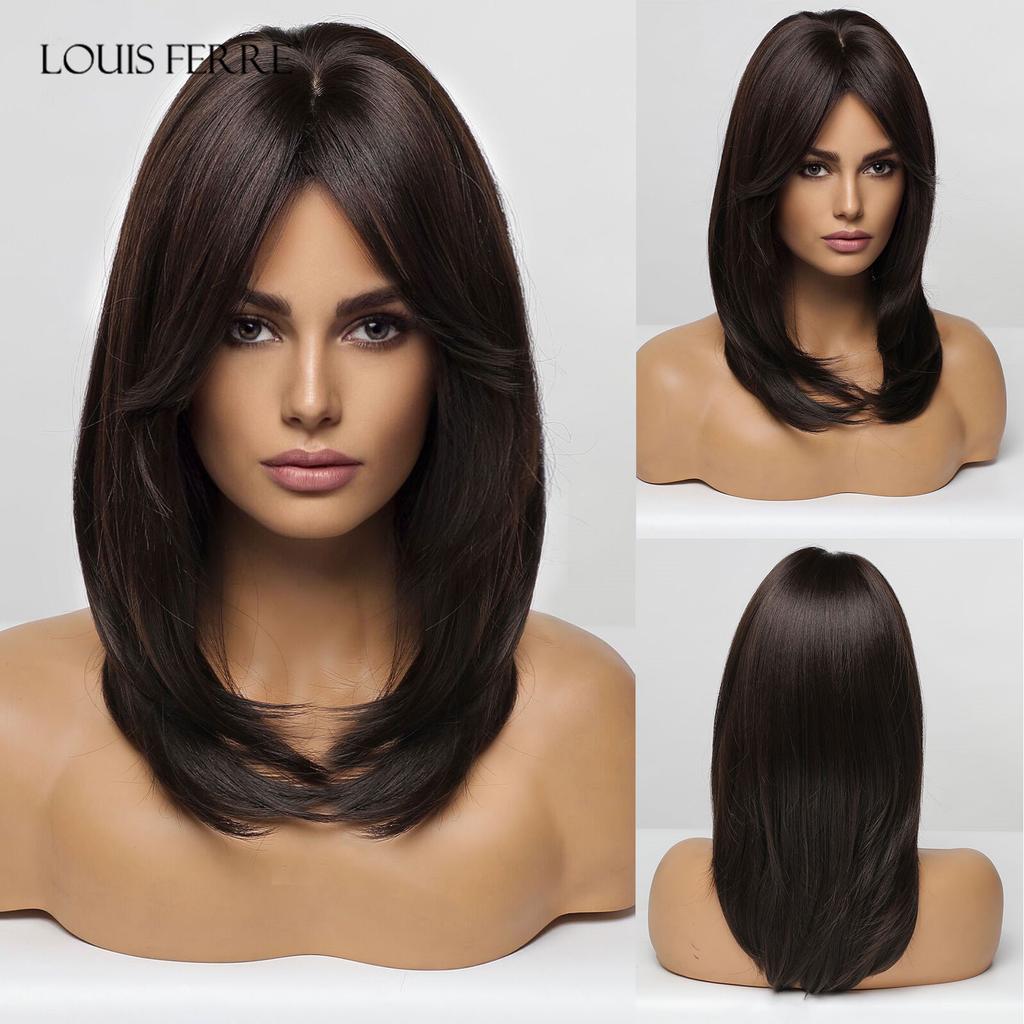 LOUIS FERRE Short Ash Brown Hair Wig for Women Synthetic Ombre Brown Straight Wigs With Bangs Shoulder Length Brown Natural Hair