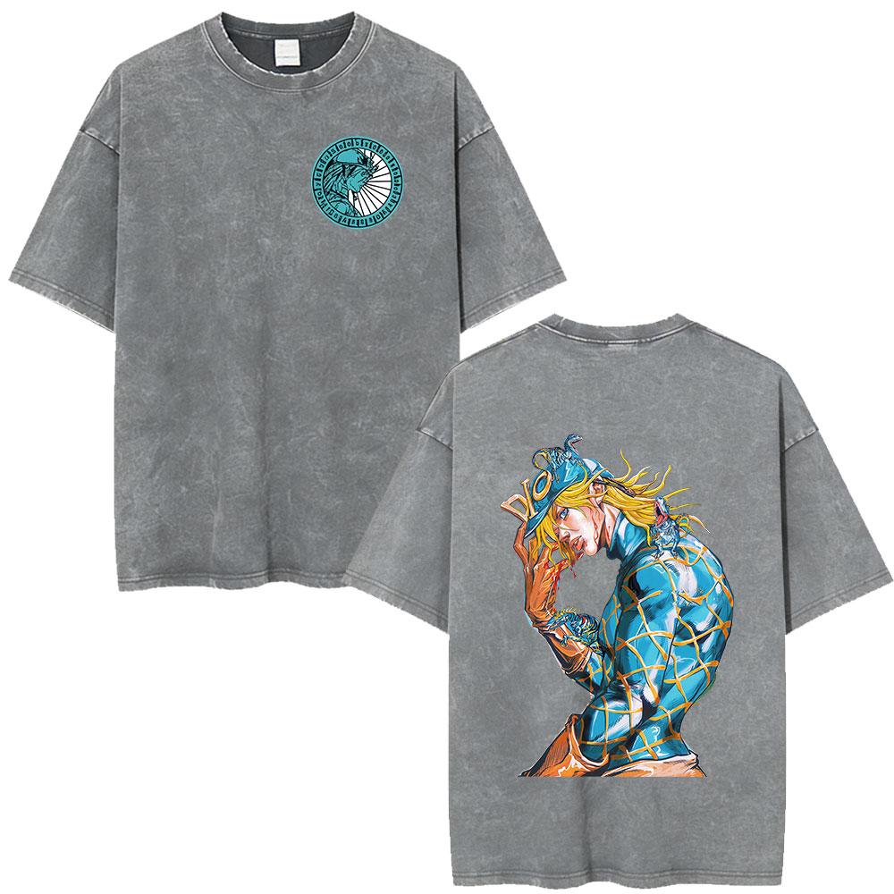 Anime JoJo Bizarre Adventure STEEL BALL RUN Gyro Zeppeli Vintage Lavaggio Acido Maglietta Uomo Cotone Casual Maniche Corte Maglietta