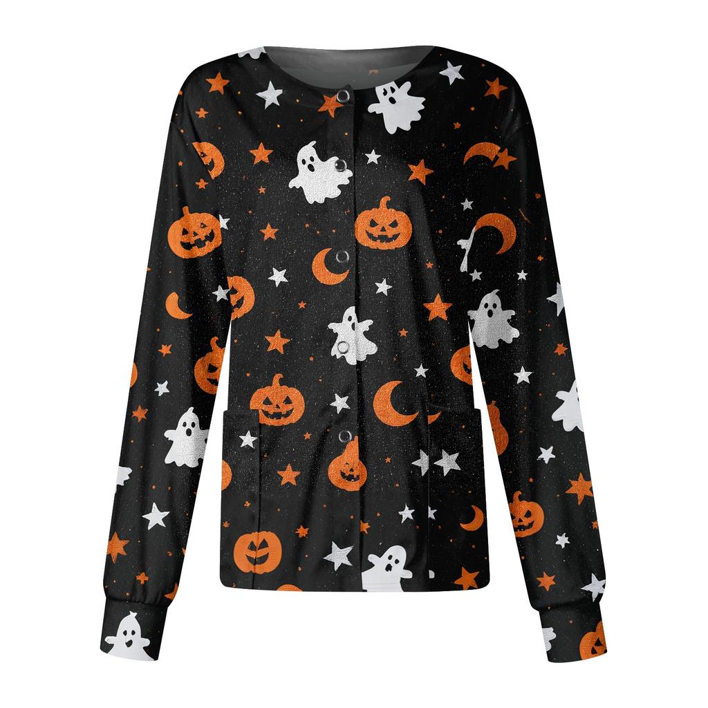 Women's Halloween Print Casual Long Sleeve Single Breasted Caregiver Cardigan Top Lightweight Comfortable Fit
