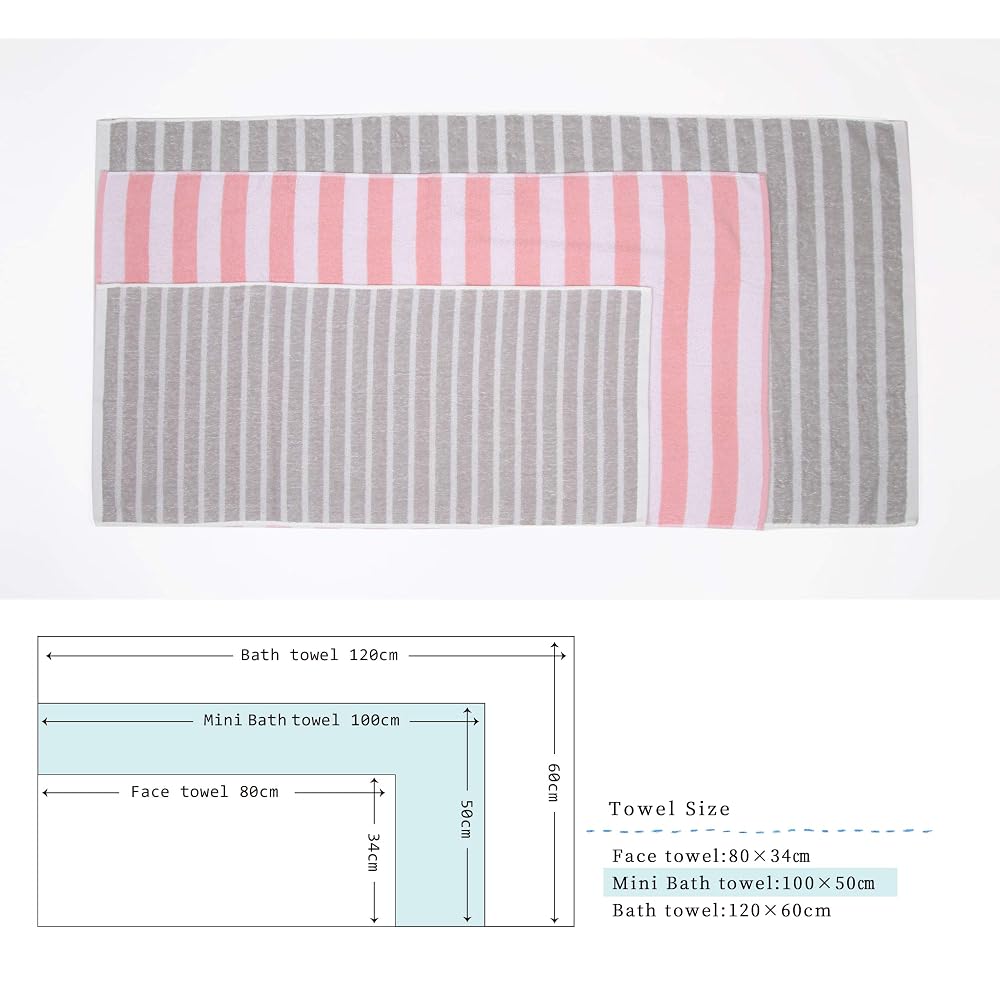 Kosugizen Mini Bath Towel, Bordered Pink, 50 x 100 cm, Small Size Bath Towel, Daily Use, Set of 2,