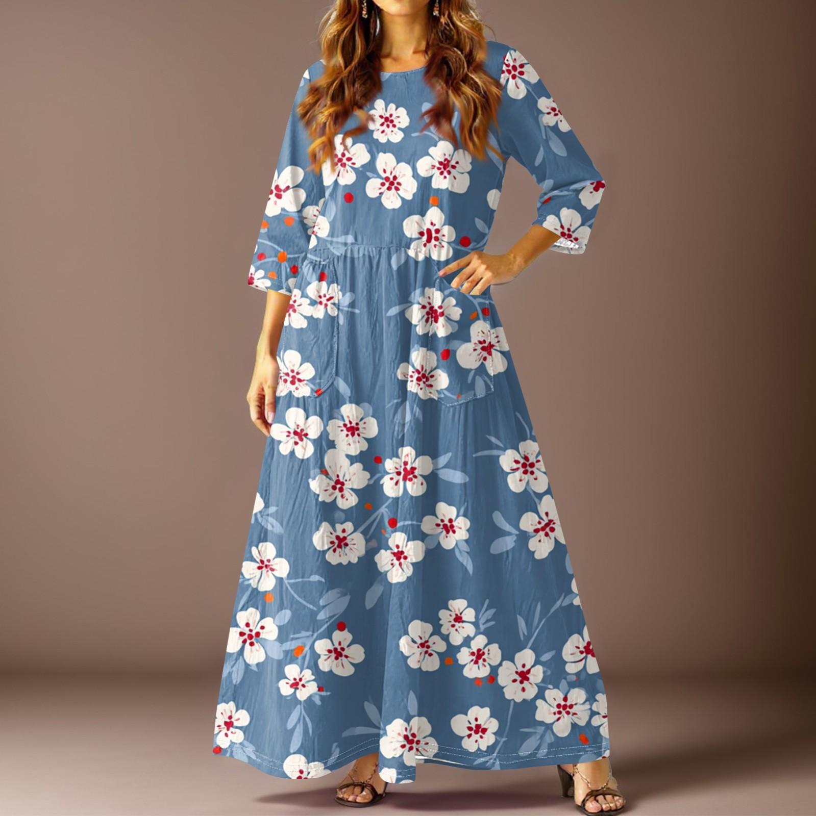 

Women s Casual Fashion Floral Three-quarter Sleeve Long Dress With Pockets L синій