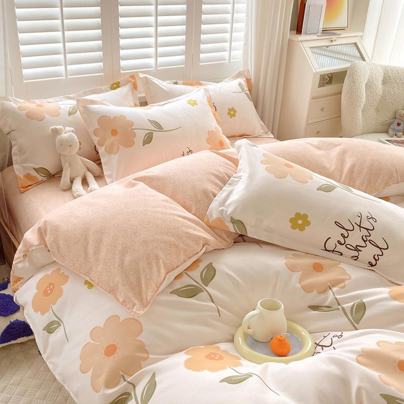 Small Fresh Thickened Pure Cotton Brushed Four-piece Set New Autumn and Winter Cotton Dormitory Bed Sheet Quilt Cover Bedding