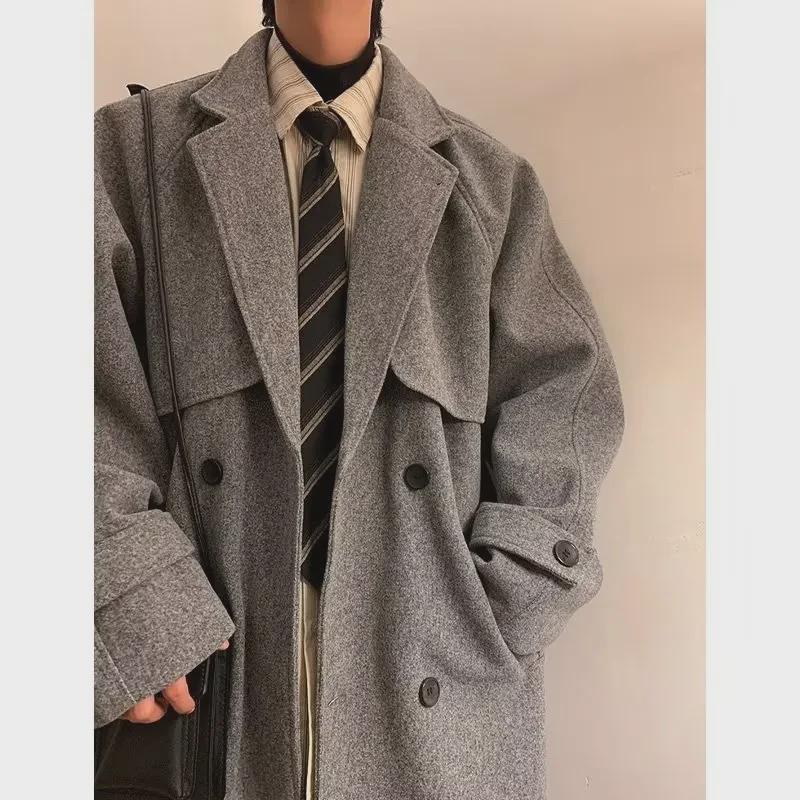 2024 Men's Double-Breasted Woolen Windbreaker: Mid-Length Loose Fit for Autumn/Winter