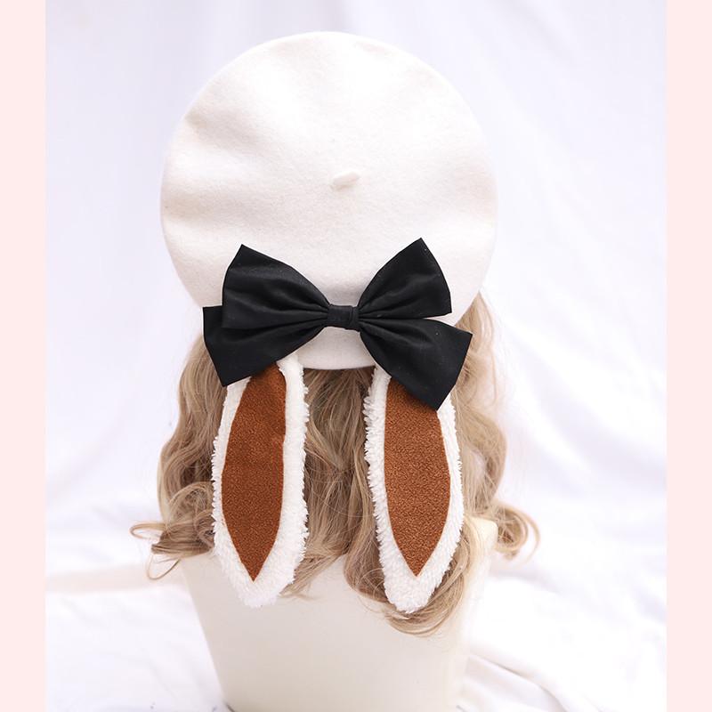 

Girls Cute Rabbit Ears Lolita Beret Hat Warm Beanies Hat Unisex Artist Cap Dome Pink solid color decorate Wholesale 56-58CM No wig серебряный