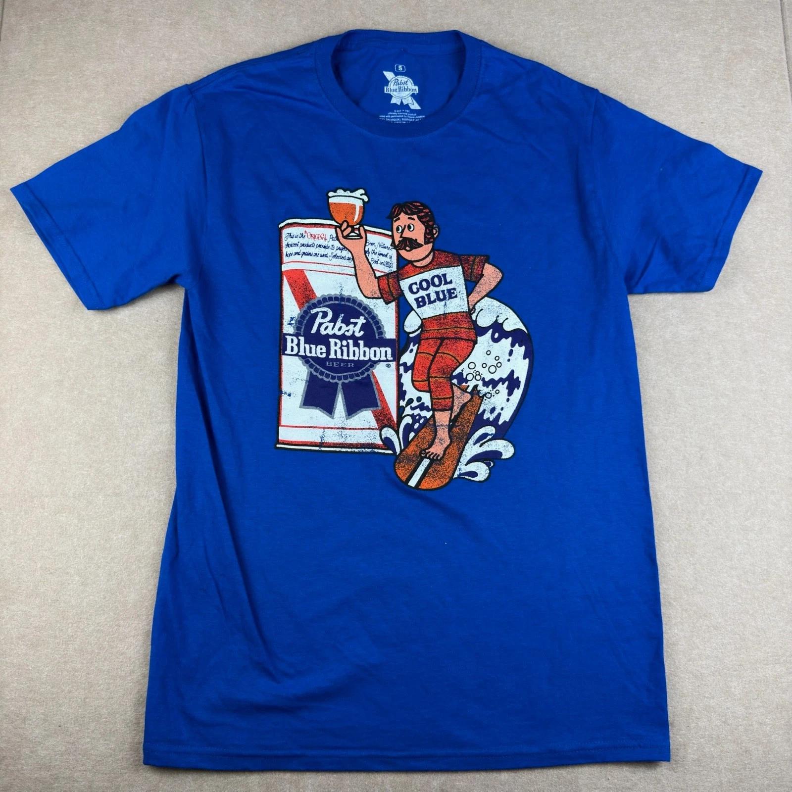 

Pabst Blue Ribbon Graphic Tee Unisex Small Blue Beer Surf Cartoon Shirt 4XL