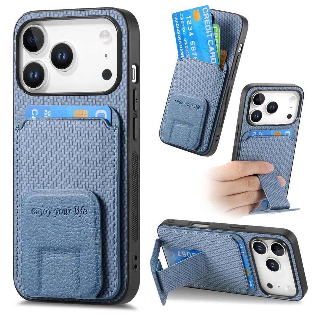 For iPhone 17 Pro Case Card Holder Carbon Fiber Texture Leather Coated TPU Phone Cover