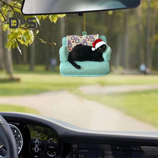 Christmas Cat Pendant Cartoon Cat with Santa Hat Ornament 2D Flat Acrylic Christmas Tree Decoration Cat Keepsake for Home Car Tree Decor