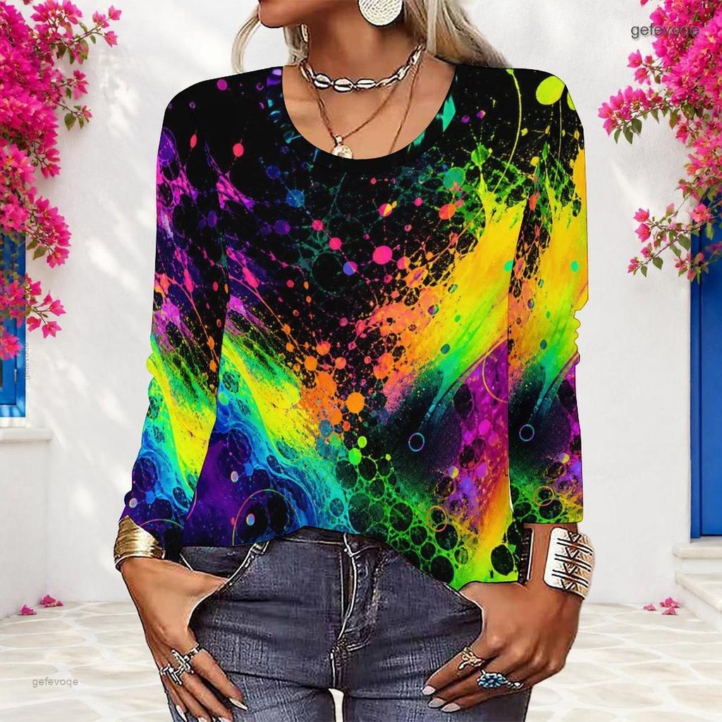 Women Plus Size Round Neck Long Sleeve Colorful Tie Dye Printed Pullover Sweatshirt