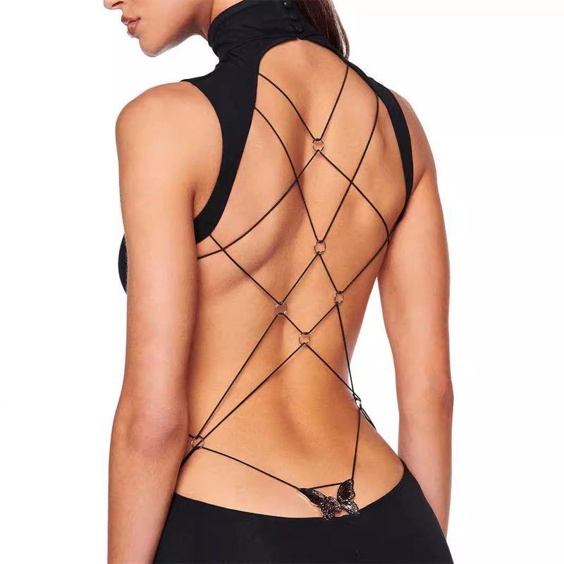 

Iamgia Мода Металлическое платье с вырезом в виде бабочки, без спины, сексуальное, ветреное, стройнящее, с высоким воротом и разрезом, темпераментное длинное платье Black S