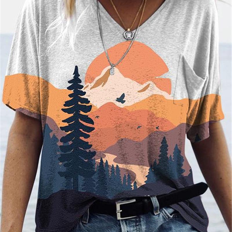 Fashion Spring  Forest Print Blouses Short Sleeved V-Neck T Shirts Casual