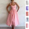 Women's U Neck Spaghetti Strap Midi Dress Slim High Waist Ruched A Line Maxi Dress Polyester Spring Sundress