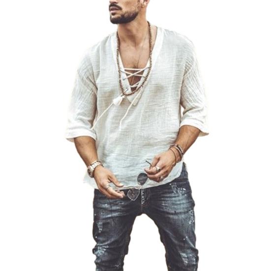 Camicia Casual da Uomo in Cotone e Lino a Manica Corta con Scollo a V e Laccio T-shirt Bohemian Vintage Top Estivo da Spiaggia