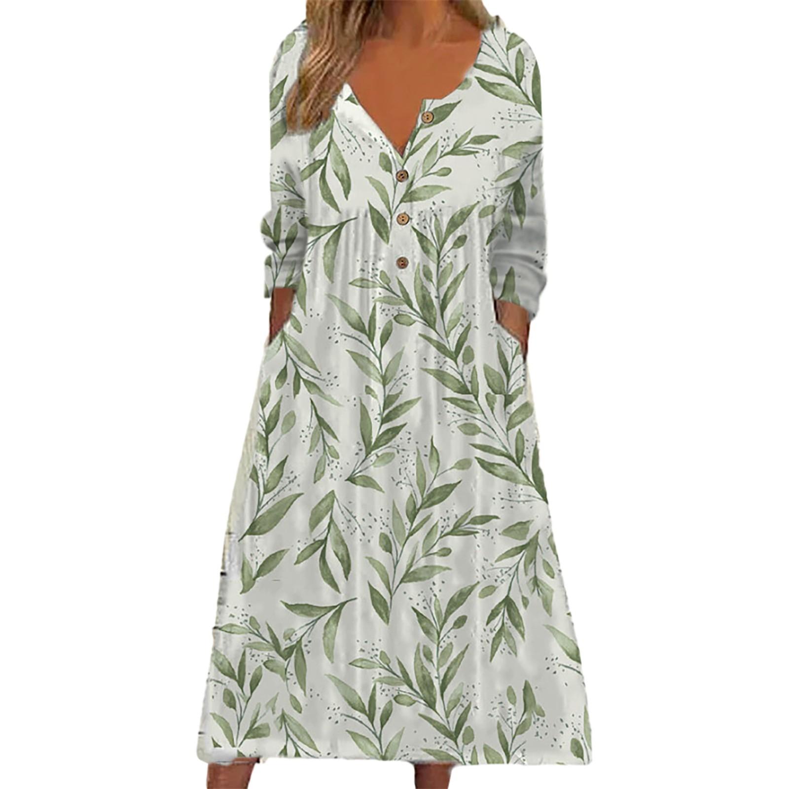 Ladies Casual Fashion Printed Round Neck Button Long Sleeve Dress With Pockets XXXL