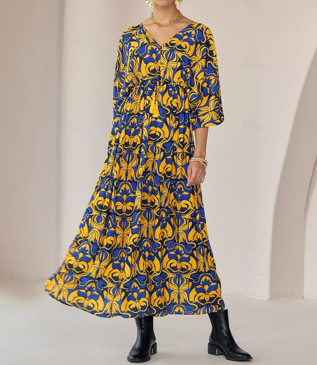 

Elegant Chiffon V-Neck Drawstring Holiday Print Long Dress for Women - Autumn/Winter Collection Extra Extra Large
