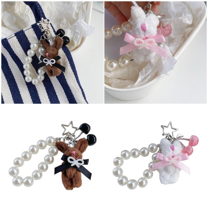 Adorable Rabbit Cherry Charm Keychain With Imitation Pearls Detachable Phone Strap Bag Accessories For Girls