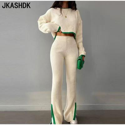 Moda Feminina Casual Primavera Outono Estampa Bloco de Cores Manga Longa Gola O Calças Ternos