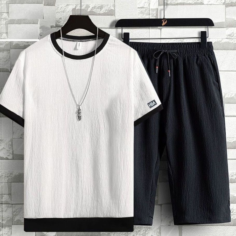 Ice Silk Suit Men's Summer Loose Large Casual Sports Suit Men's Short Sleeve+ Capris Two-piece Set