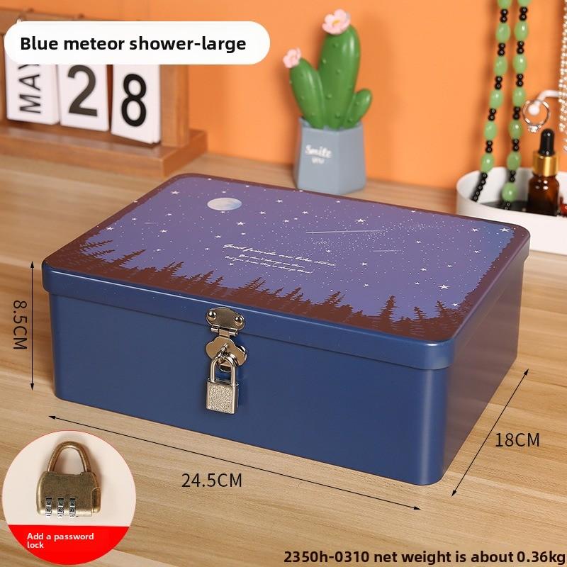 Retro Tinplate Box with Lock Key, Desktop Storage Box, Cosmetics, ID Storage, Household Jewelry Empty Box.