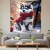 Christmas Husky Puppy Wall Tapestry Blue Eyed Dog Red Scarf Snow Winter Decor for Kids Bedroom Living Room Gift