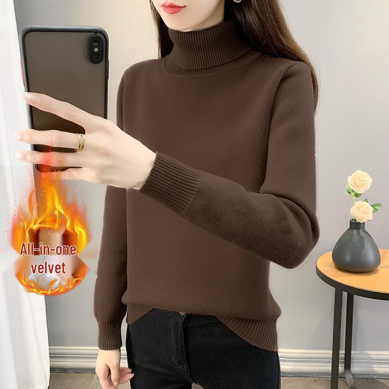 2025 Women's Autumn/Winter Half-High Collar Velvet-Lined Knit Sweater