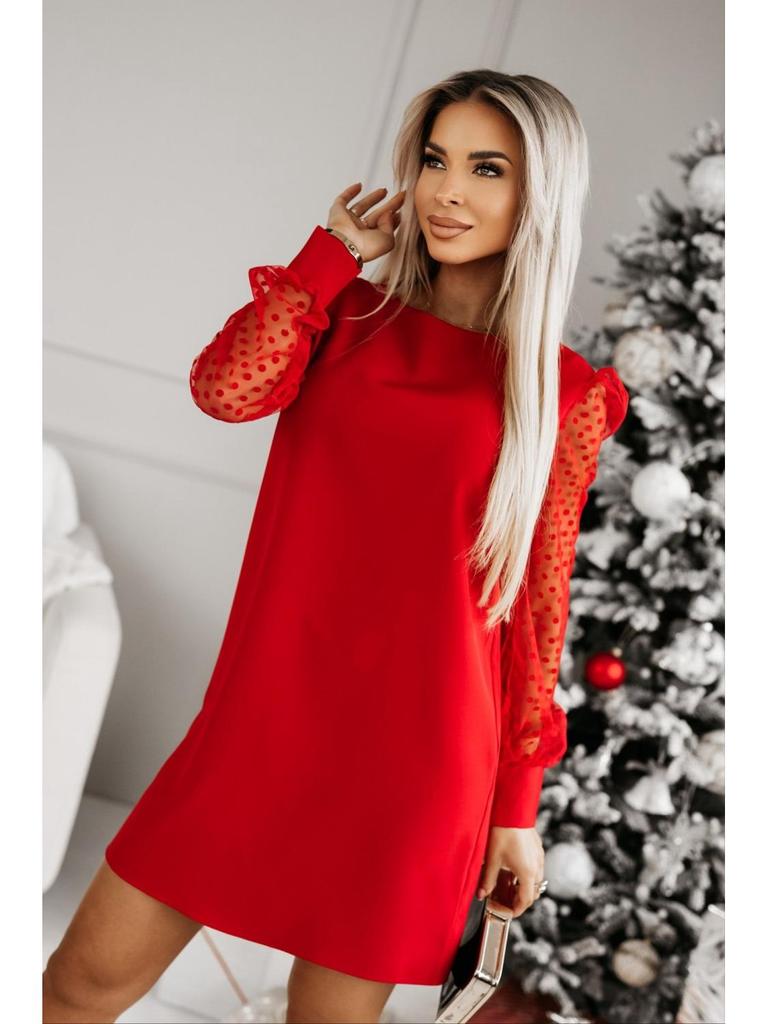 Vestido de Manga Larga de Malla con Cuello Redondo y Color Sólido para Mujer, Primavera 2025