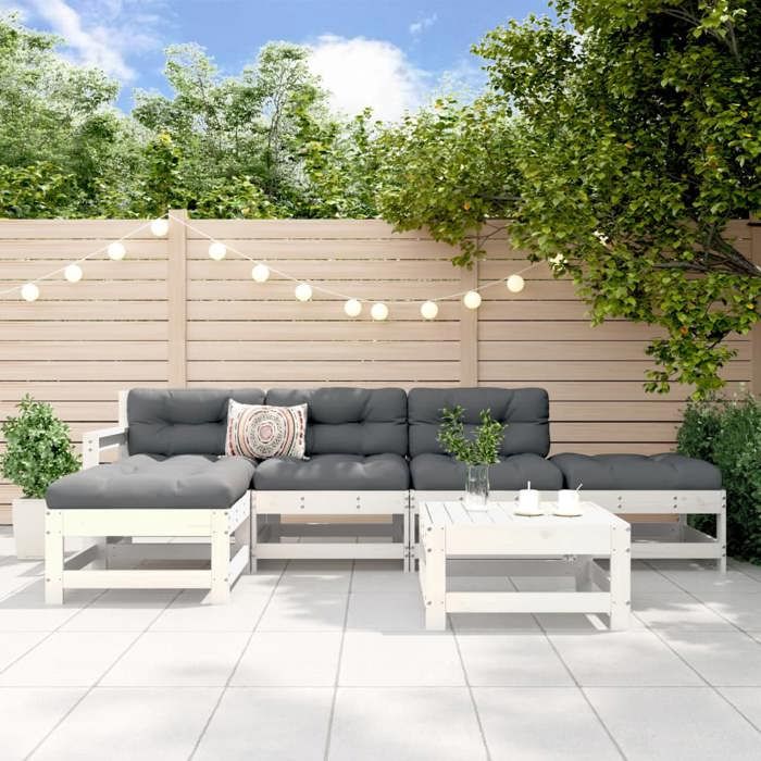 VidaXL Salon de Jardin 6 pcs, Canapés avec Repose-pied, Ensemble de Meubles avec Table Basse Patio Terrasse, Rustique, Blanc 3186537
