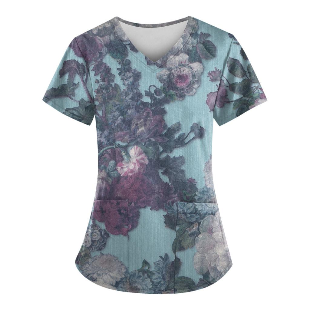 Women Fashion Spring And Summer Oil Painting Print V-neck Short Sleeve Workwear With Pockets Tops
