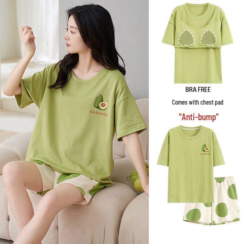 Korean Style Women's Cartoon Pajamas Set with Built-in Bra - Short-Sleeved, Loose, Plus Size, Summer Homewear