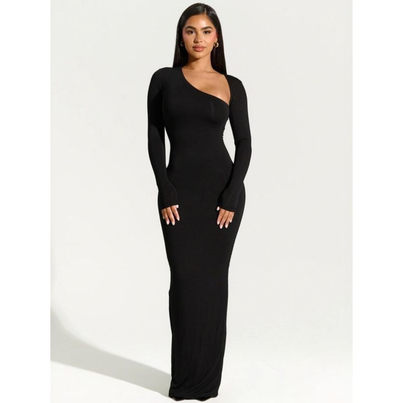 Export 2024 New Arrival Female Fashion Long Sleeves Diagonal Collar Sexy Sexy Silm Rear Slit Dress Fashion