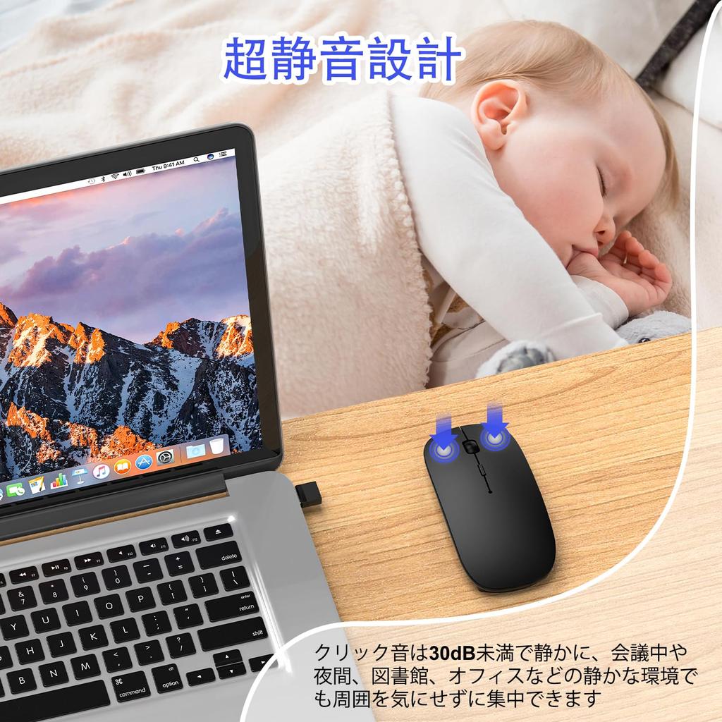 [New for 2025 - Ultra-Thin] Bluetooth Mouse, Wireless, Quiet, High-Precision, Optical, Type-C Rechargeable, 3-Level DPI, Compact, Slim, Ambidextrous,