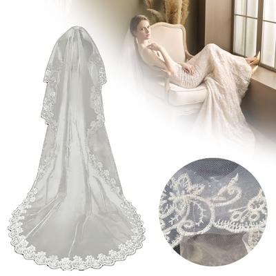 Braut-Hochzeitsschleier, Spitze, Blumenstickerei, einlagig, groß, lang, weiß, romantisch, weiches Netz, Foto-Requisite, Cosplay, Verlobung, Schleier, Party-Kopfschmuck