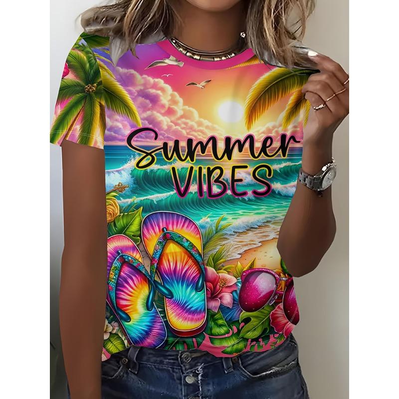 Summer Cool Watermelon Print Women's Short-sleeved Top Beach Vacation Casual Women's Fashionable T-shirt Urban Street Daily Top