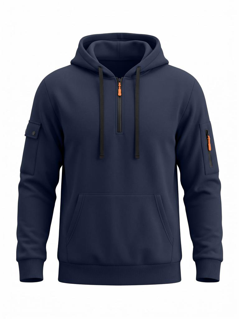 Men's Autumn Winter Solid Color Hoodie Drawstring Long Sleeve Thickened Casual Sports Sweatshirt with Side Zipper