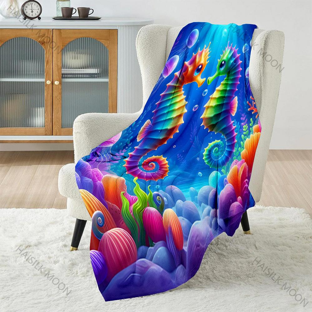 Multi size Colorful Seahorses and Jellyfish Pattern Blanket Flannel Material Soft Warm for All Seasons Home Camping Picnics RV