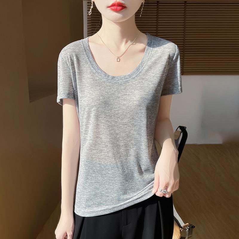 Women's Spring and Summer New Positive Shoulder Short T-shirt Fashion U Collar Slim Bottoming Shirt Thin Fashion Short-sleeved