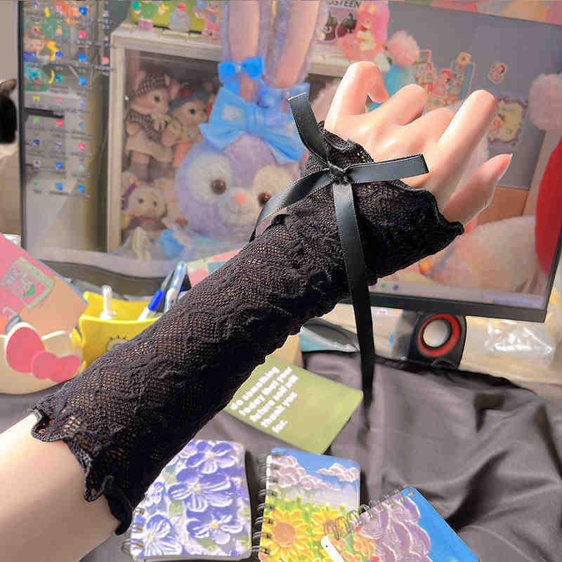 Lolita lace bow hand sleeve women's Japanese splicing ballet style ribbon strap sleeve cos sweet cool gloves