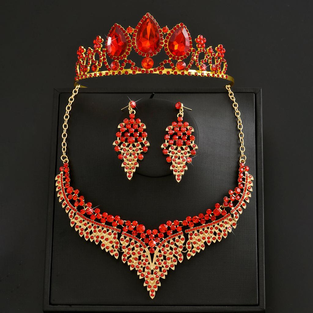 4PC Women's Fashion Water Drop Crown Necklace Earrings Zircon Set Suitable for Wedding, Party, Festival Gifts