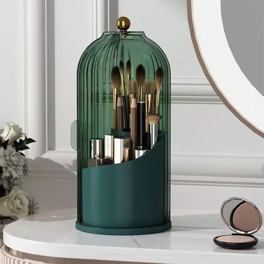 Rotating Birdcage Makeup Organizer: Transparent Pen Holder, Lipstick & Eyebrow Pencil Storage.